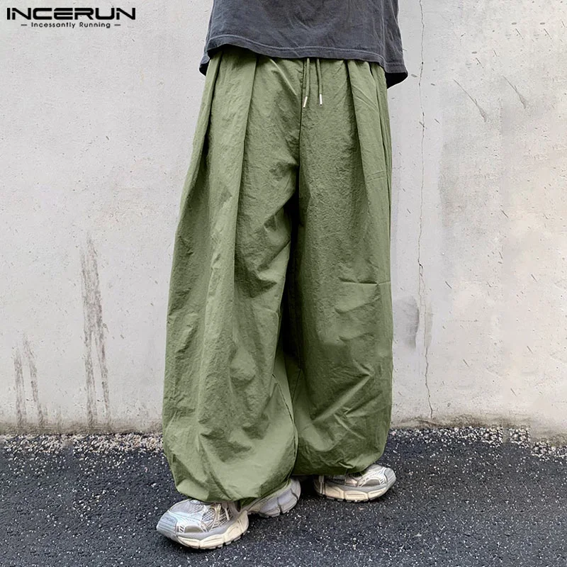 INCERUN 2024 Korean Style Trousers Men's Pleated Splicing Wide Leg Pantalons Stylish All-match Male Solid Drawstring Pants S-5XL