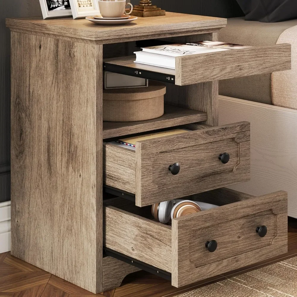 

End Tables, Night Stand Modern Bedside Table with 2 Drawers, Open Shelf End Table with Pull-Out Tray for Bedroom Live Room