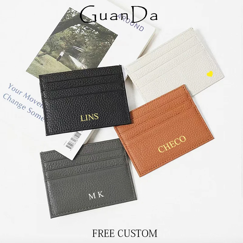 Custom Name Slim Card Holder Genuine Leather Engraving Card Wallet Woman Man Business Luxury Coin Purse Card Bag Wholesale Gift