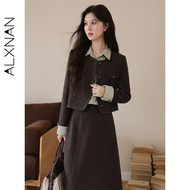 

ALXNAN Vintage Lapel Women's Brown Short Coat 2026 Spring Fashion Outerwear New Elegant Commuter Casual Ladies Coats L58025