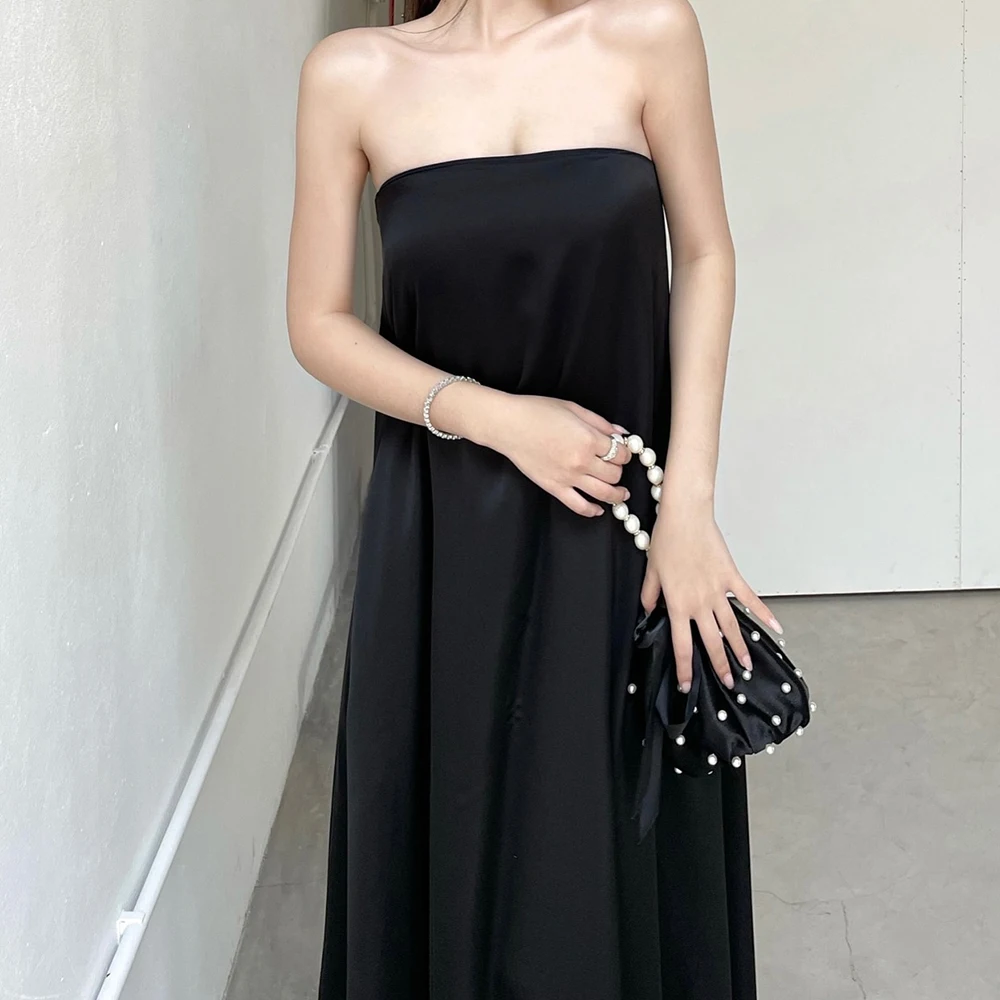 Strapless Sleeveless Satin Floor Length A-Line Evening Dress Sweep Train Temperament High Quality Bespoke Occasion Gowns