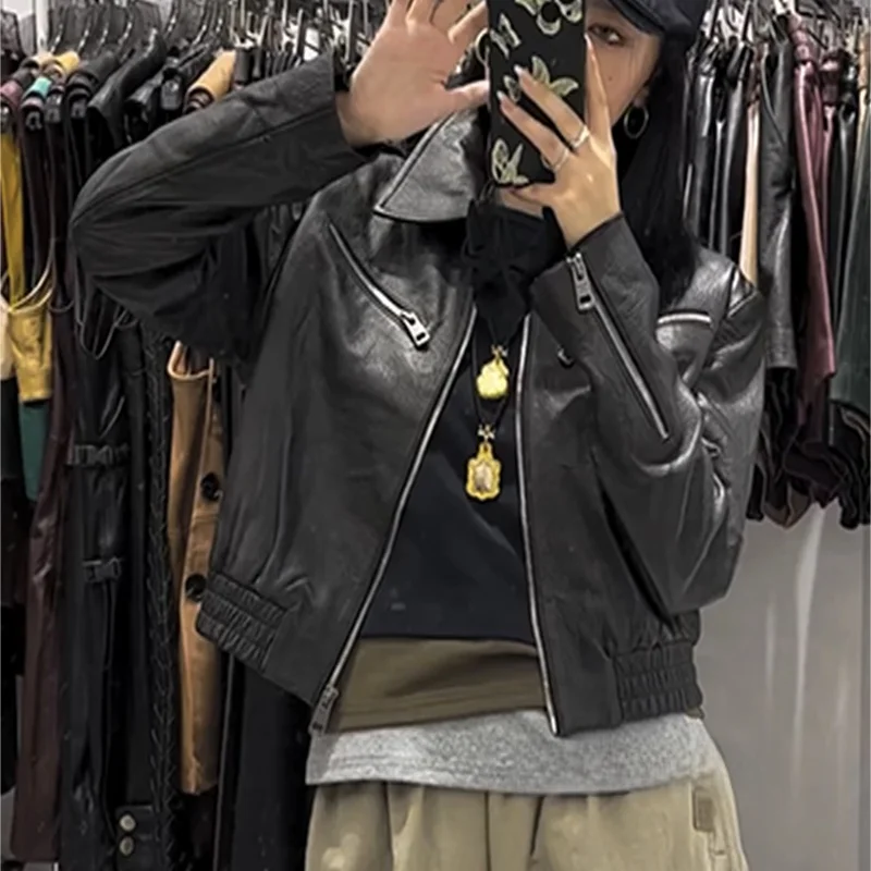 Retro curtido eepskin couro genuíno Jaet feminino gola ortopé motociclista Jaet agasalhos outono inverno novo Sle Zipper Desi...