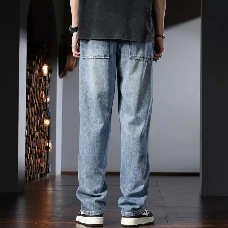 Blue Loose Men's Jeans Summer Casual Baggy Straight Elastic Waist Drawstring Denim Pants CP2236