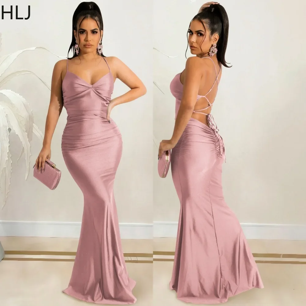 

HLJ Fashion Backless Bodycon Evening Party Floor Dresses Women Thin Strap Sleeveless Slim Bandage Vestidos Female Solid Clothing