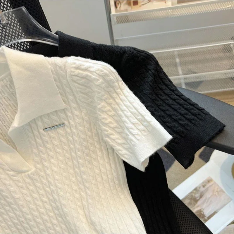Summer Women's Polo-neck Short-sleeved Shirt Ice Silk Twist Stripe Knitting T-Shirt Thread Loose Minimalist Lapel Pullover Tees