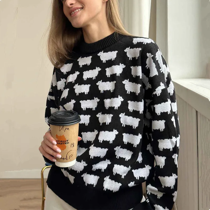 2024 New Fashion Autumn Winter Women Sweater Sheep Printed Long Sleeve Loose Sweater Tops