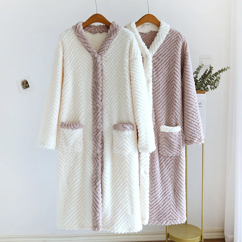 Fall Winter Night Gown Female Coral Velvet Winter Robe Thicken Warm Women Bathrobe Flannel Loose Snow Wear Home Robes Pockets