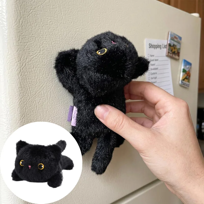 Cute Plush Black Cat Fridge Magnet Soft Fluffy Cat Refrigerator Sticker Decorative Magnetic Ornament For Home Kitchen Decor Gift