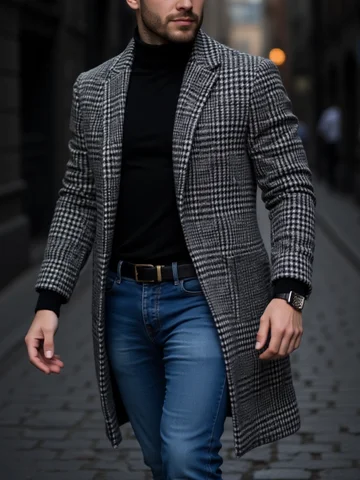 New Arrival Men's Outdoor Thickened Warm Trench Coat Houndstooth Autumn Winter Windproof with Inner Lining Overcoat Trench Coat