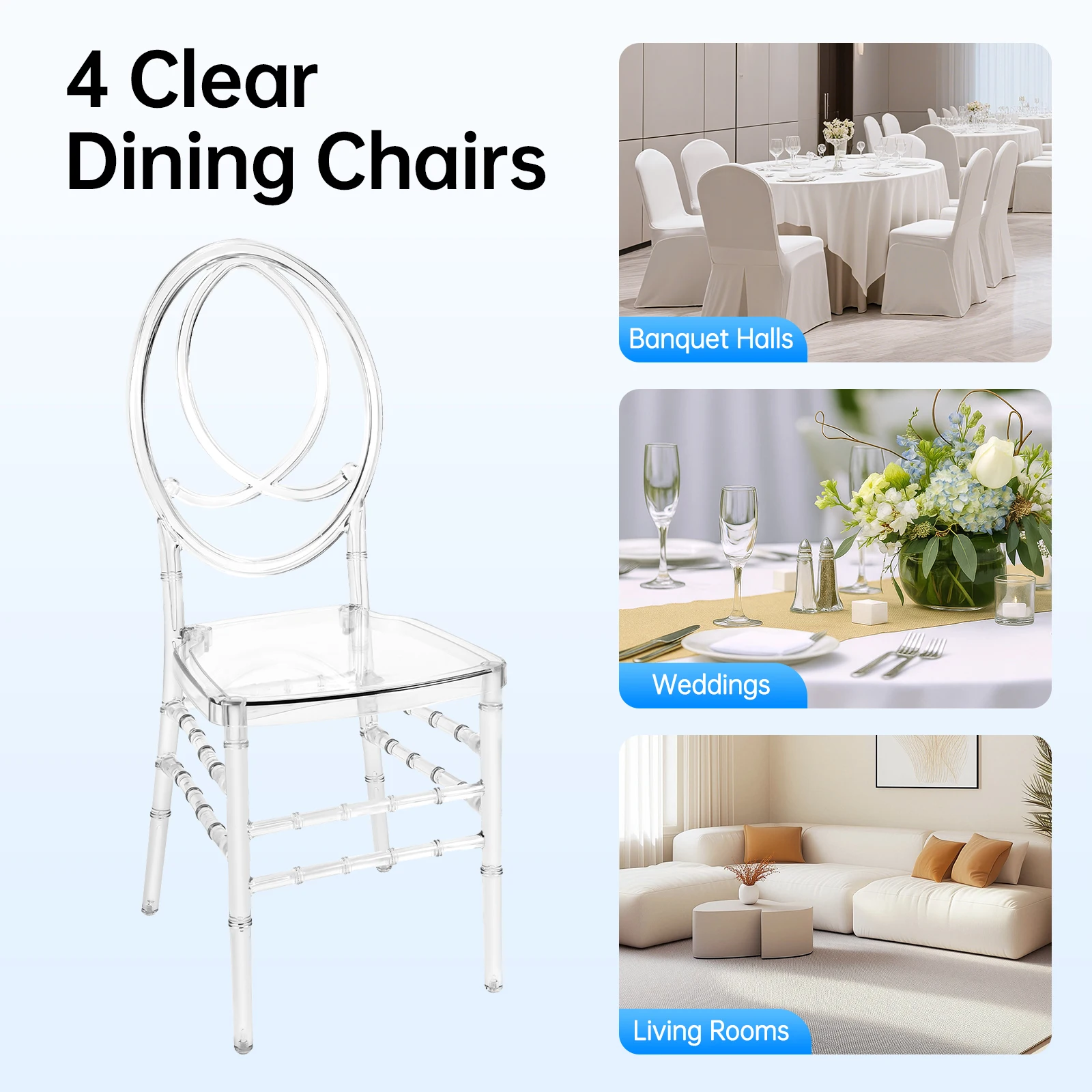 كراسي PC مكونة من 4 قطع، كراسي طعام شفافة، كراسي أنيقة لحفلات الزفاف لقاعات الولائم، قاعات الزفاف 15.16 بوصة × 15.16 بوصة