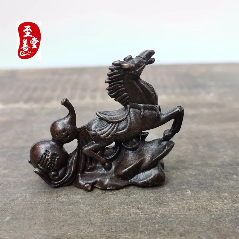 Antique Collection: Old Patina Alloy Copper Decorative Ornament for Living Room - Gourd and Horse for Success5x1x4CM