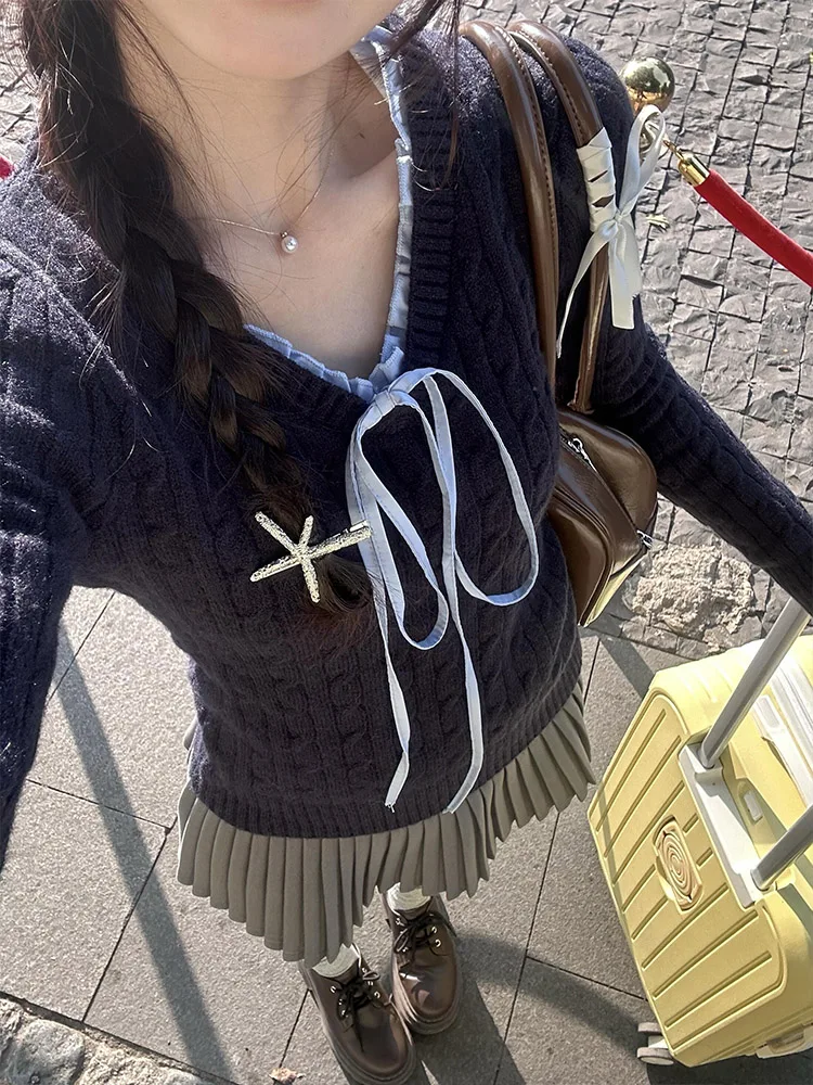 

Корейский свитер Sle Twist V-Ne, женский осенне-зимний свитер Faion Sensation, внутренняя уникальная основа, верхняя часть, искусственный двухсекционный