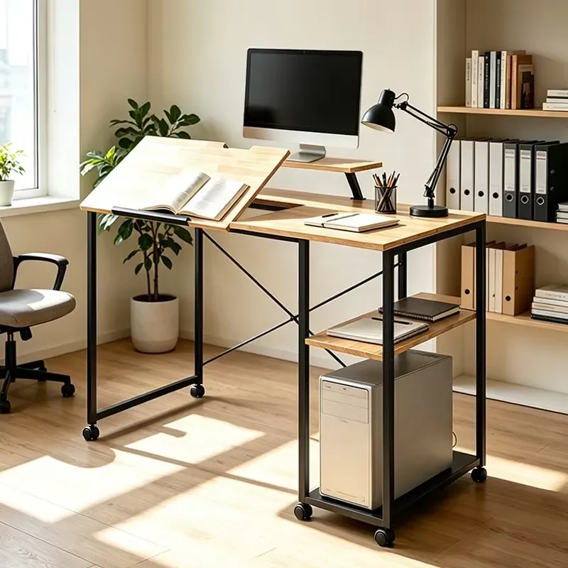 Tiltable Draft Drawing Table with Storage Shelves Adjustable with Stand for Home Office Computer Desk for Artist,