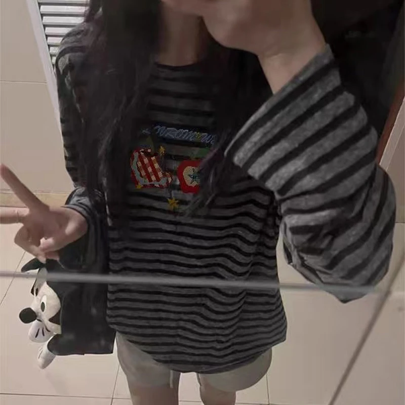 Korean Casual Striped Long Sleeve Women's T-Shirt  Autumn Fashion Streetwear Apple Print Harajuku Oversize Women's Top Y2k