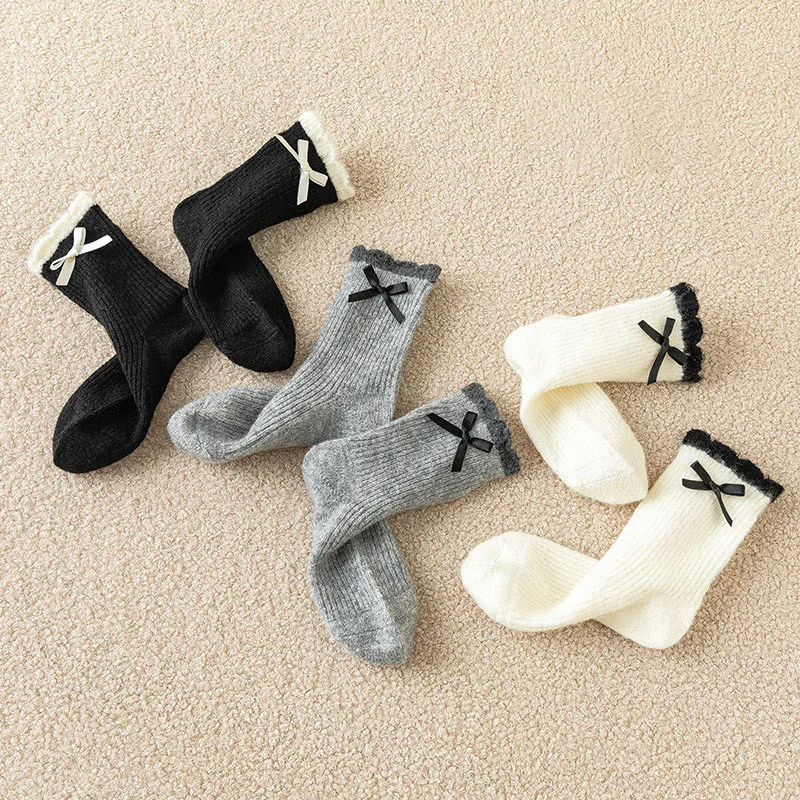 3 Paar viele Winter-Mädchen-Röhrensocken mit Schleife, 2–12 Jahre, süße, farbblockierende Kindersocken, warme, verdickte Kinder-Kniestrümpfe