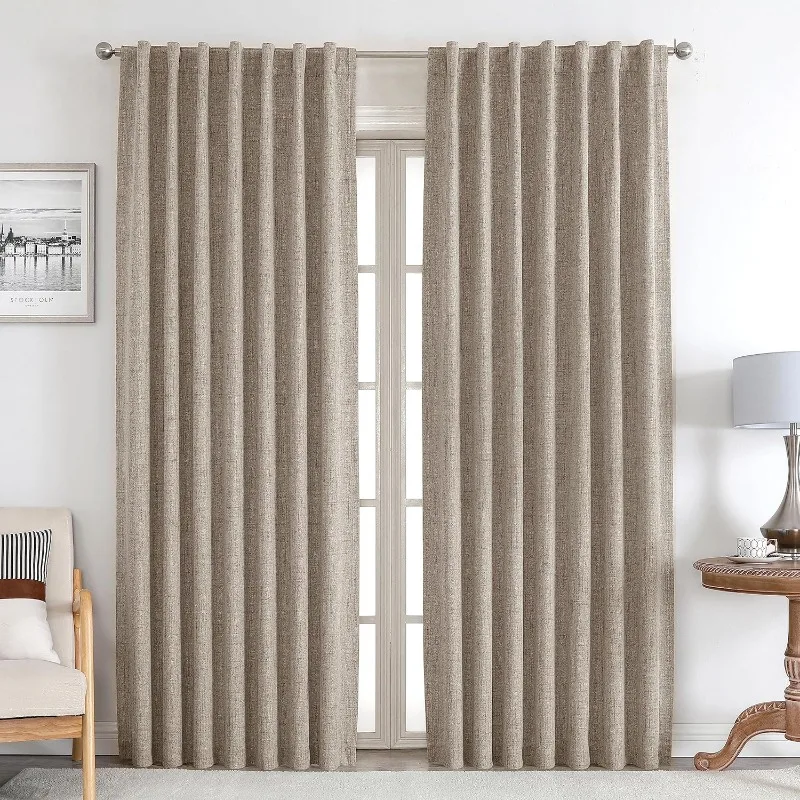 Blackout Linen Curtains 96 inches Long 100% Drapes 95 inch Length 2 Panels Set for Bedroom Living Room Darkening Curtain Thermal