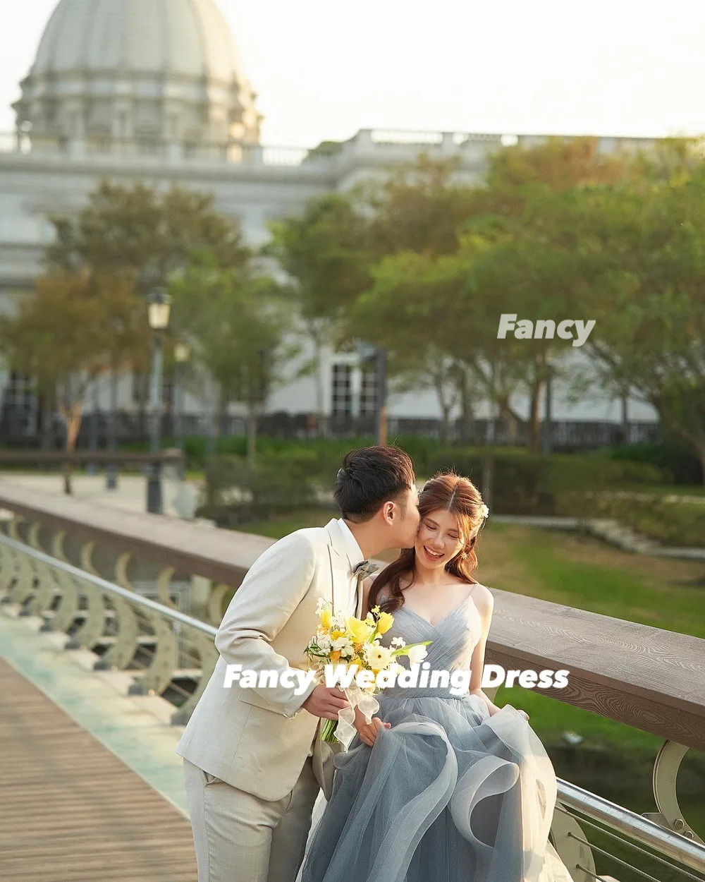 Fancy Korea Sexy Blue V Neck Wedding Dress Photo Shoot A Line Tulle Bridal Gown Back Corset Customized 웨딩드레스