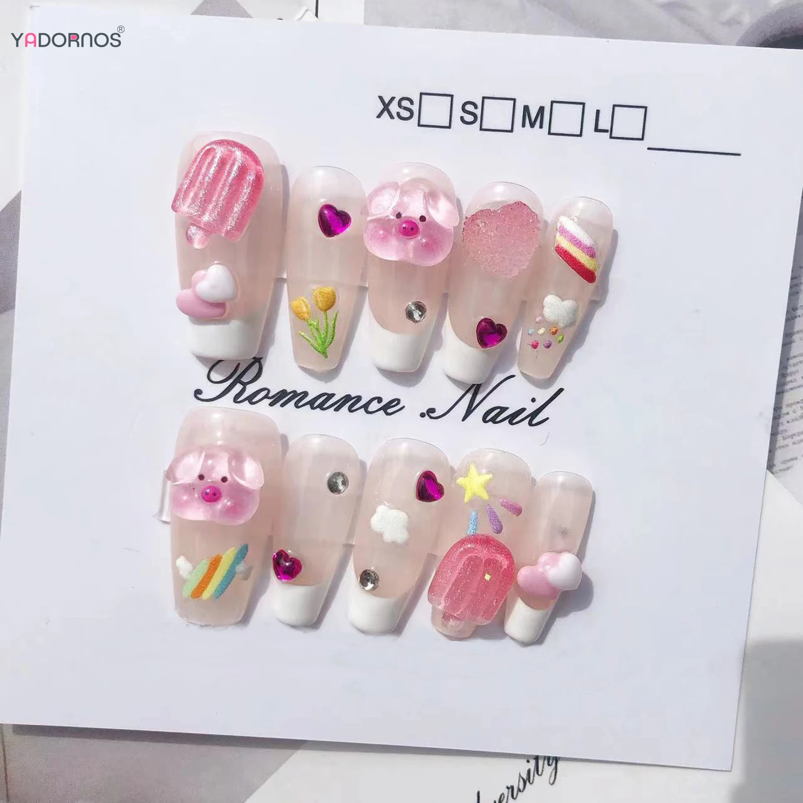 10Pcs Cute Handmade Press on Nails White French Style Fake Nails 3D Ice Cream Animal Designs Nude Color Wearable Manicure