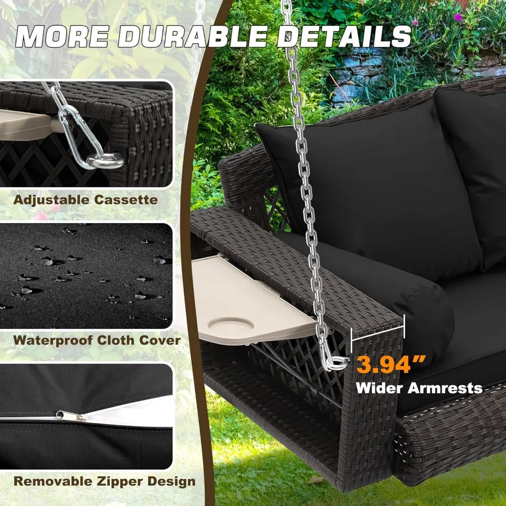 Wicker Hanging Porch Swing - Outdoor 3 Person Patio Swing Bench with Cushion & Chains - 3-Seat Porch Swing Chair with Cup Holder