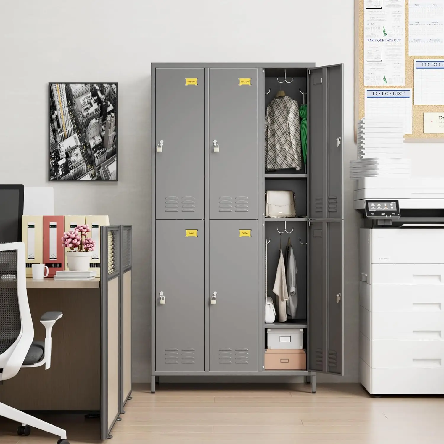 

6 metal employee storage cabinets, equipped with 12 hooks, suitable for schools, gyms, bedrooms. Available in three colors.