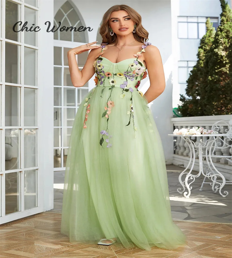 Colorful Flowers Mint Yellow Evening Dress Sexy Spaghetti Straps Tulle Prom Dress Customized Formal Occasion Maxi Party Dress