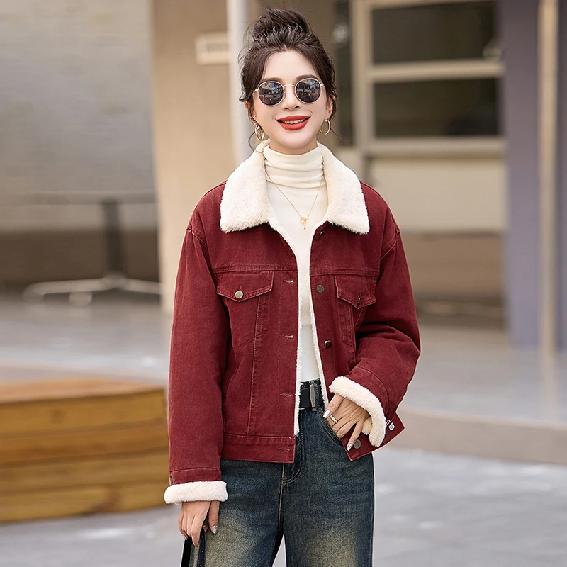 2024 New Winter Women Thicken Warm Fleece Lining Denim Jacket High Quality Loose Vintage Red Jeans Jacket Outwear Coat