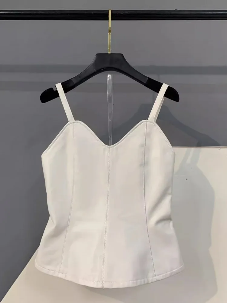 Fashion Women Slim Fit Suspender Strap Sheepskin Genuine Leather Vest Sweet Ladies Pink Back Zipper Waistcoat Sleeveless Jacket