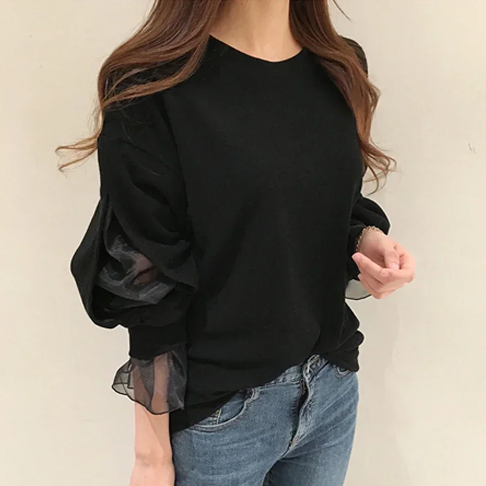 2023ฤดูใบไม้ผลิผู้หญิงลําลองHoodieตาข่ายPatchwork ChicสีดําHoodie Streetwearหญิงแฟชั่นเกาหลีแขนยาวหนาSweatshirt