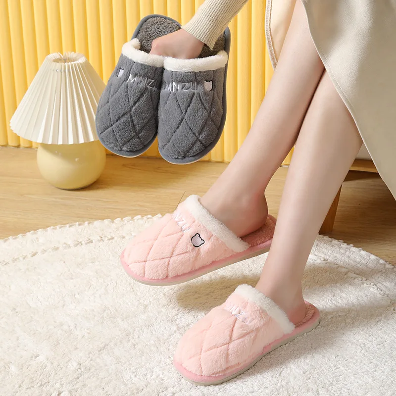 Womens Winter Plaid Home Slipper Warm Cotton Short Plush Cotton Indoor Fluffy Non Slip Fuzzy Floor House Shoes Female 2024 New