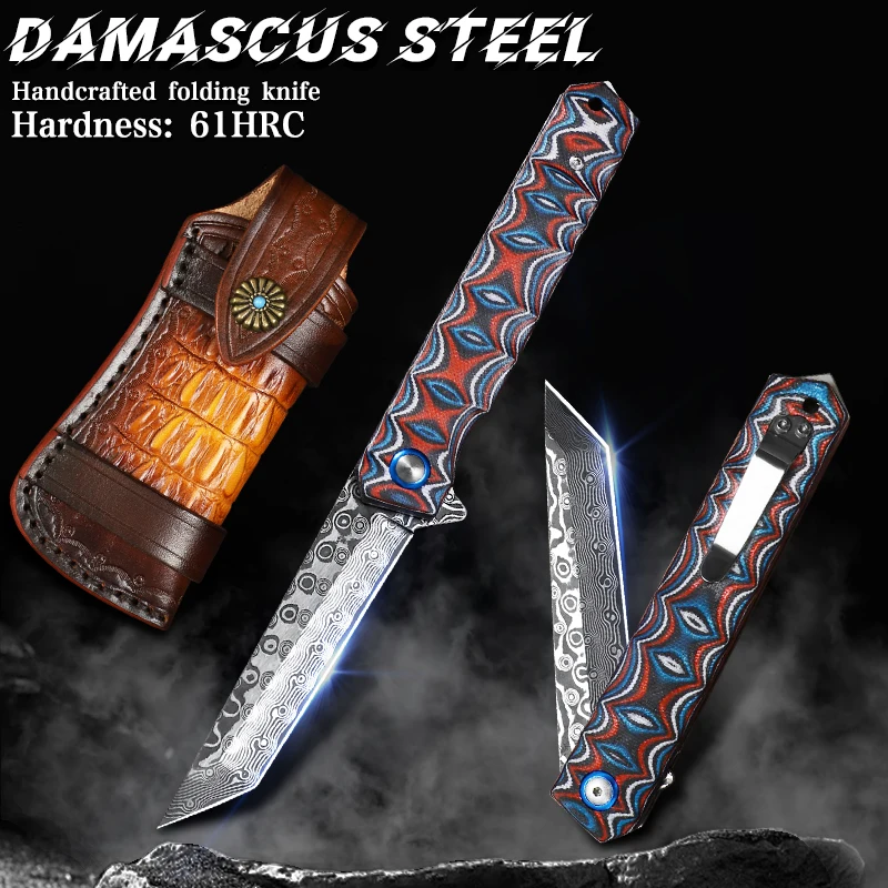 

High-quality Damascus steel blade folding pocket knife, G10 handle, outdoor camping multi-purpose EDC knife, survival knife