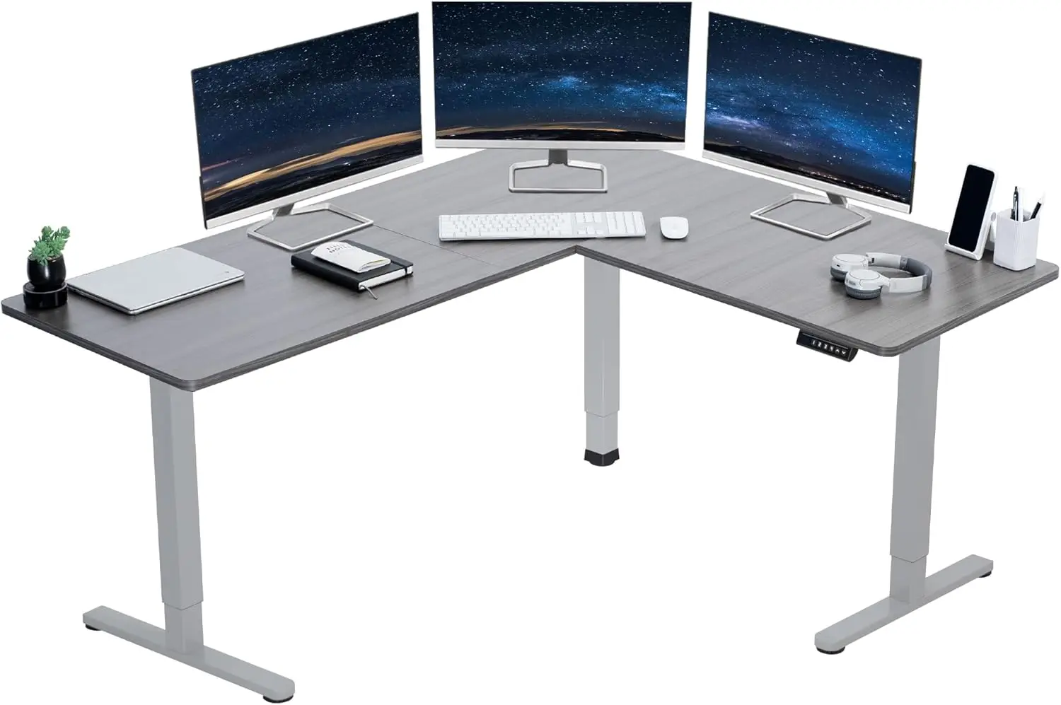 Electric L-shaped standing desk, 63 x 55 inches, height adjustable, memory controller, dark gray top gray frame