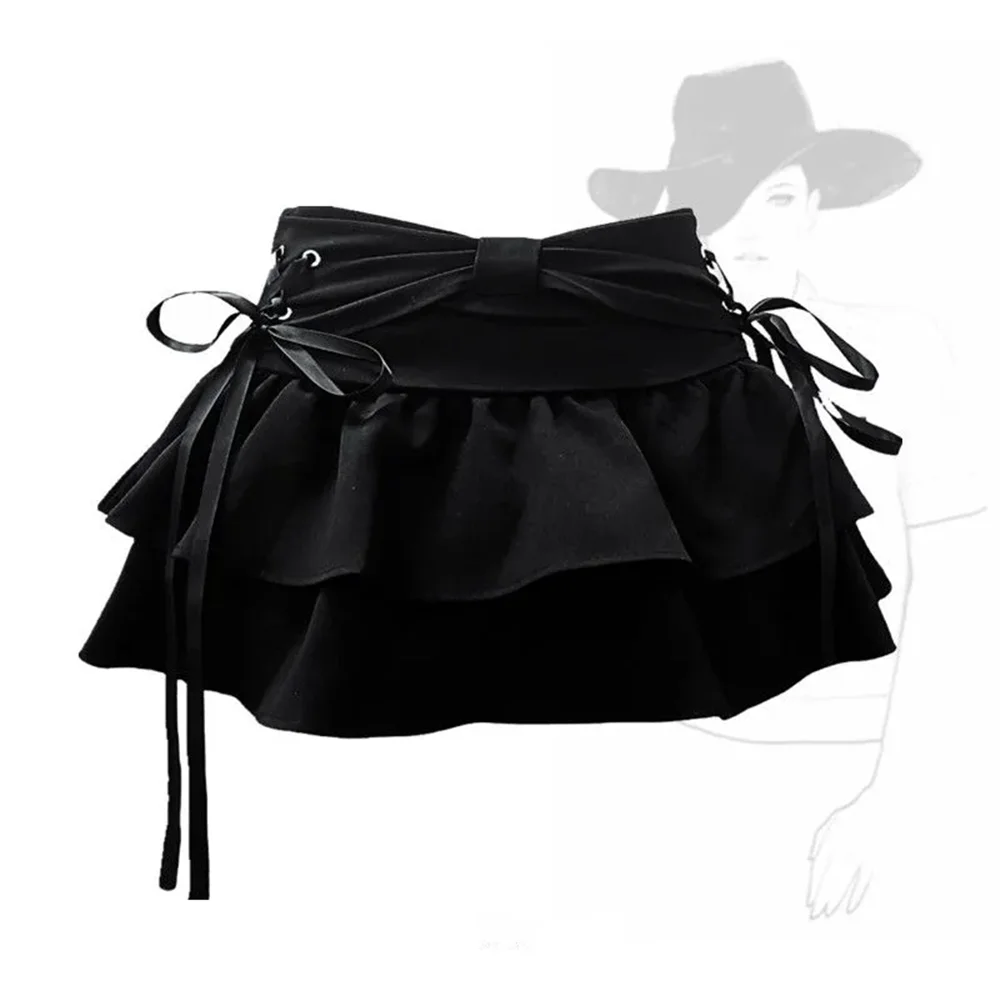 Denim Mini Skirt Vintage A Line Bow Gothic Streetwear for Women - Black