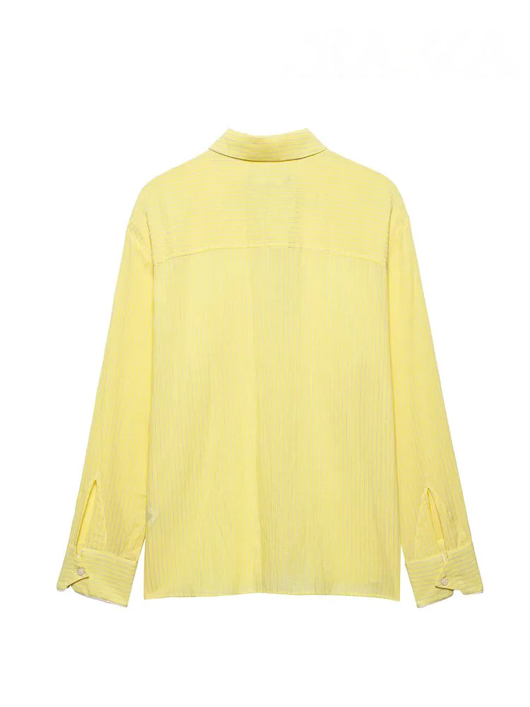 HH الإناث الصيف قمصان غير رسمية الأصفر بدوره إلى أسفل طوق كم طويل جيب تزيين واحدة الصدر المرأة بلوزات الموضة