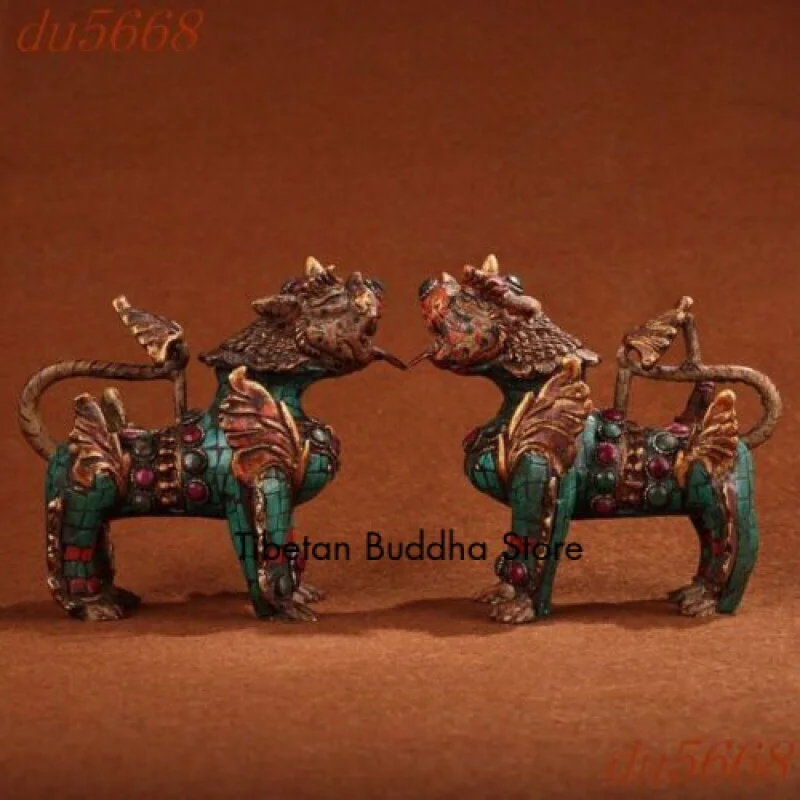 

5"China bronze Inlay turquoise Feng Shui Lucky animal lion beast statue pair