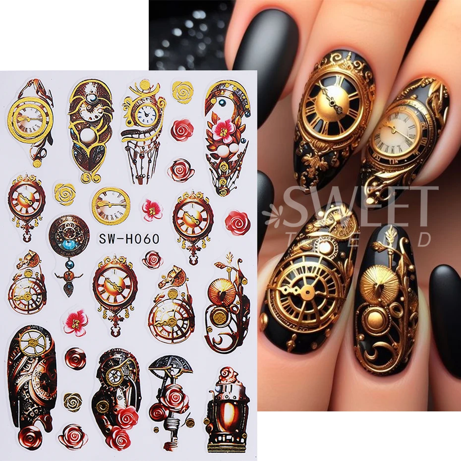 2 szt. Naklejki na paznokcie na Nowy Rok, samoprzylepne, retro zegar, róża, kwiat, koła zębate, ozdoby do manicure, naklejki na paznokcie, akcesoria do paznokci