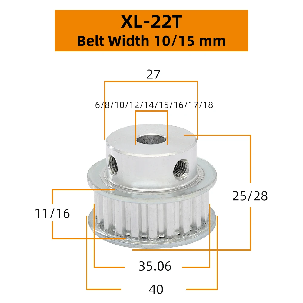 XL22T Toothed Pulley Bore 5-20 mm Pitch 5.08 mm Aluminum Pulley Trapezoidal Tooth Timing Belt Width 10/15 mm 22Teeth XL22T