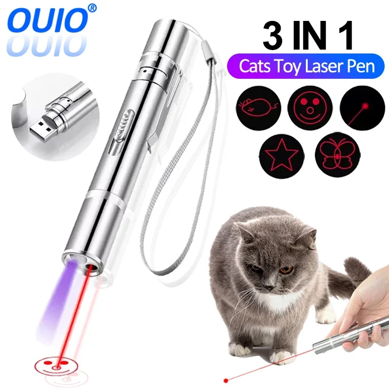 Cat Laser Toy Pen USB Charging LED Light Pointer Rechargeable Torch UV Flashlight Pen 5 Patterns Laser Stick Toy Cat Accessories