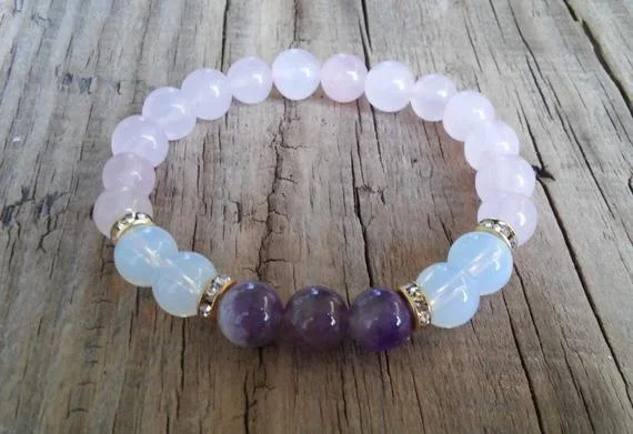 Moonstone amethyst rose quartz gemstone bracelet rose quartz amethyst moonstone stone bead stretch bracelet fertility healing