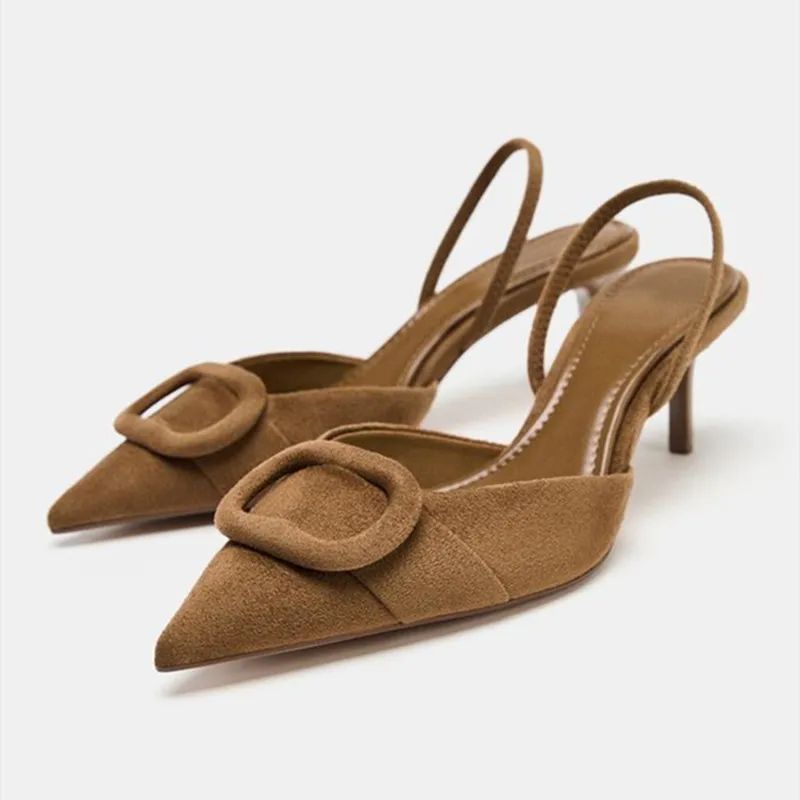 

Sexy Pointed Toe Faux Suede Pumps for Women Fashion Buckle Back Strap Design Elegant High Heels Luxury Party Designer Dress Shoe