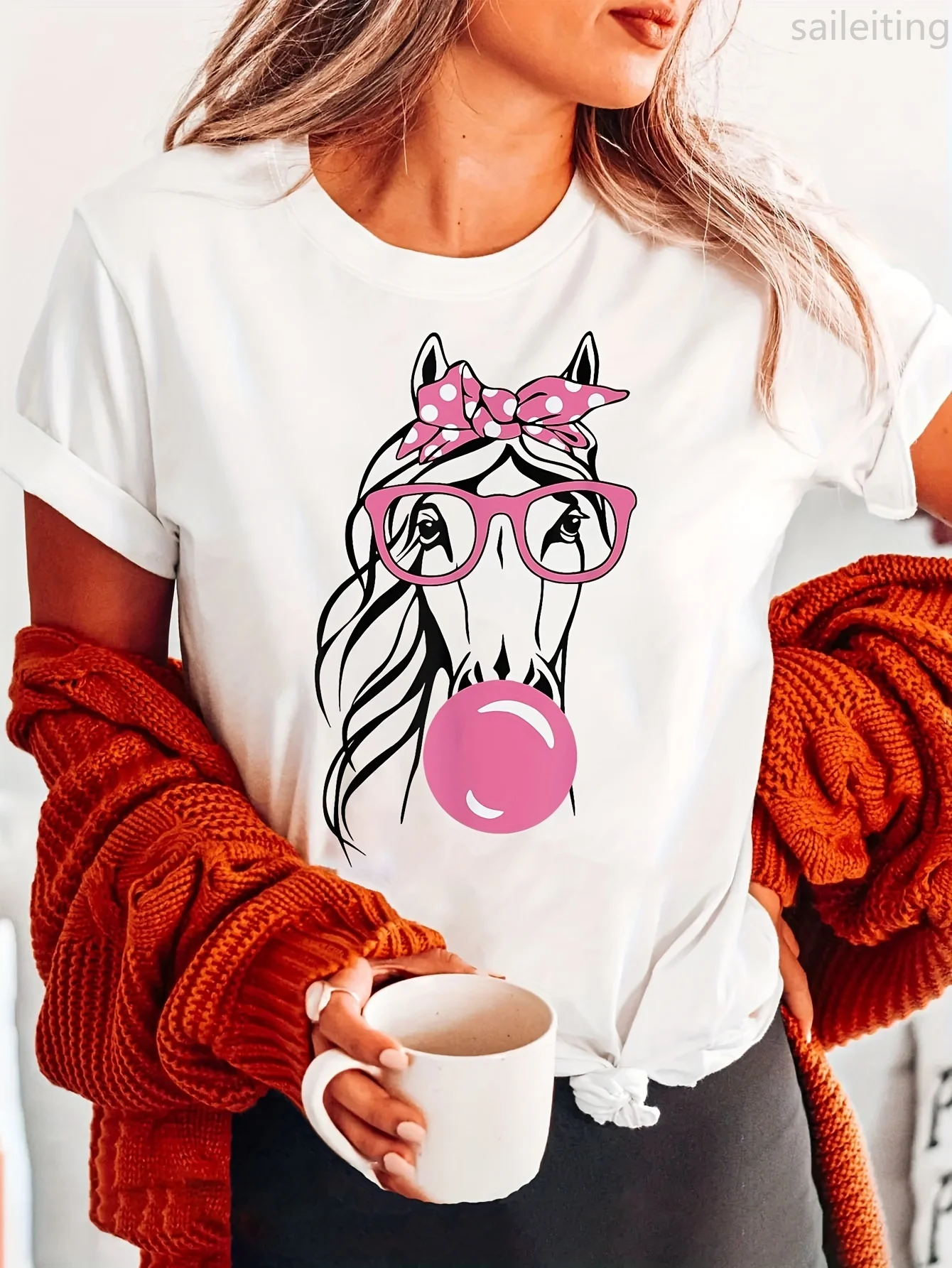 T-shirt col ras du cou imprimé cheval, haut décontracté à manches pour l'été, manches Harajuku, vêtements décontractés pour femmes, vêtements esthétiques de rue