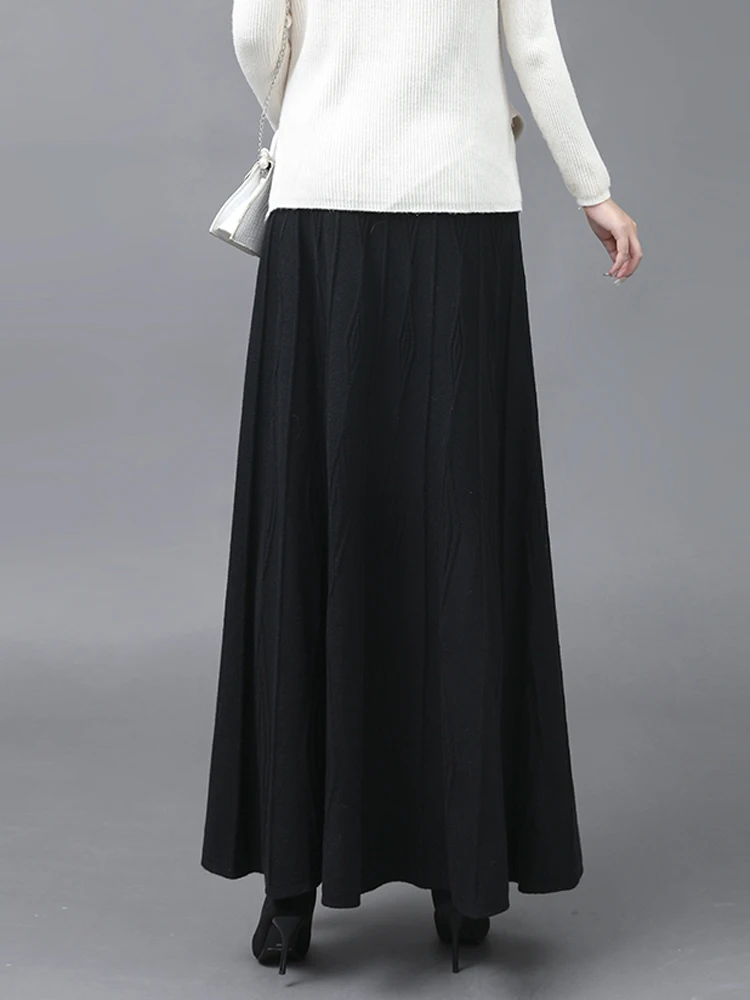 Women Fashion Autumn Winter Thick Knit Black Long Skirt Elastic Waist A-line Slim Retro Elegant Umbrella Skirt Versatile Style