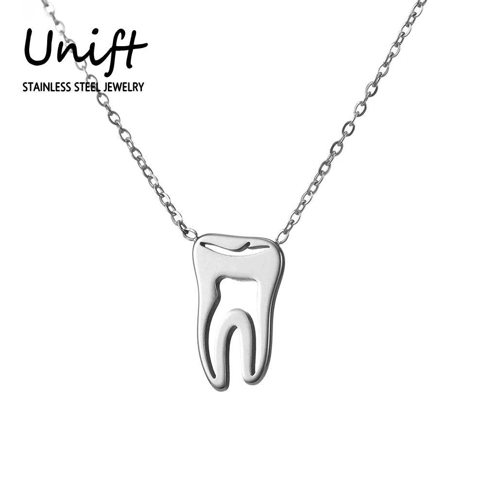 Unift Stainless Steel Pendant Tooth Necklace For Women Gold Plated Courage Wisdom Teeth Necklace Jewelry Medical Dentist Gift