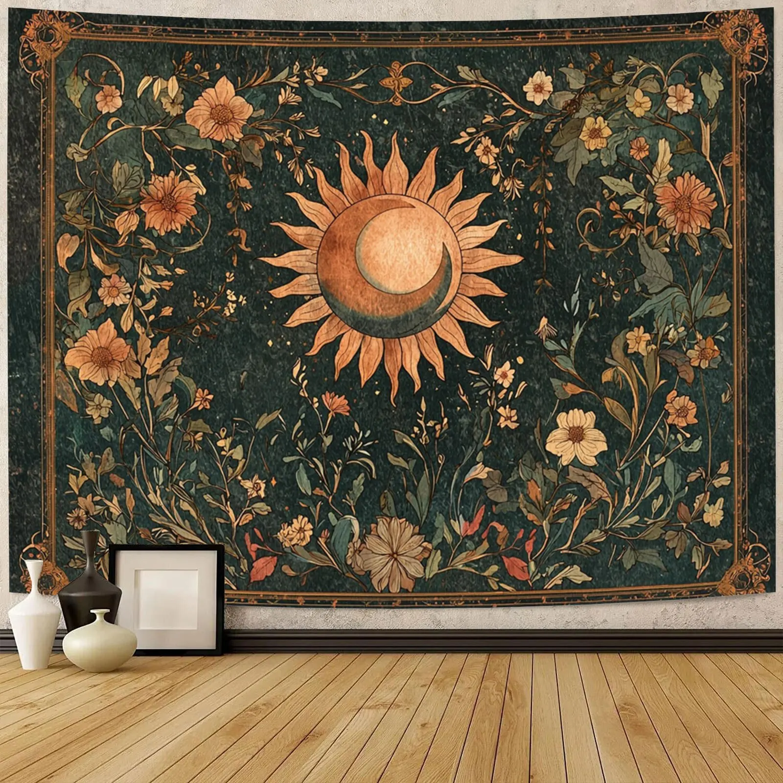 Sun And Moon Tapestry Vintage Bohemian Wall Hanging Sun And Moon Shining Together With Blooming Flowers Tapestry Wall Hanging Fo