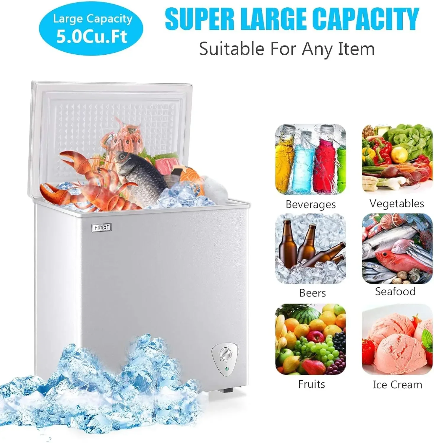 Chest Freezer 5.0 Cu.Ft Small Deep Freezer White Top Door Mini Freezer with Removable Basket, Low Noise, 7 Adjustable