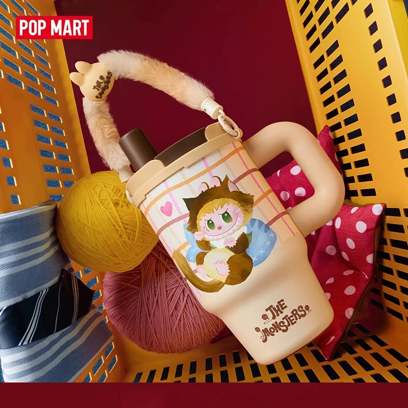 POPMART The Monsters Insulated Water Cup Cute Cat Pattern Stainless Steel Tumbler With Plush Handle Straw For Daily Office