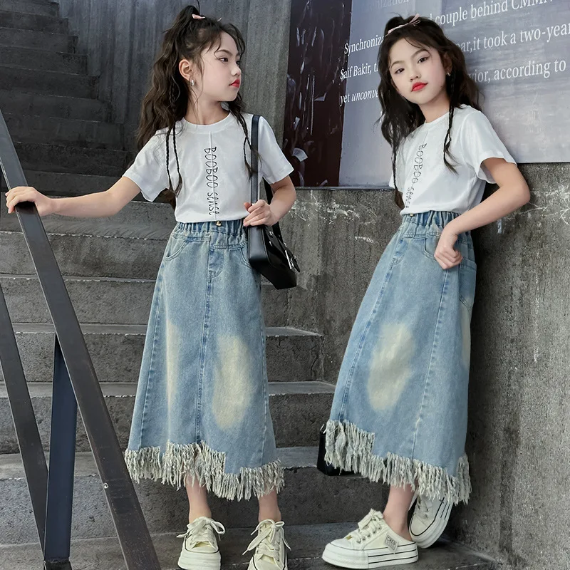 

Girls' Summer Denim Skirt Set2026New style casual short-sleeved skirt two-piece set for girls, children's summer clothing