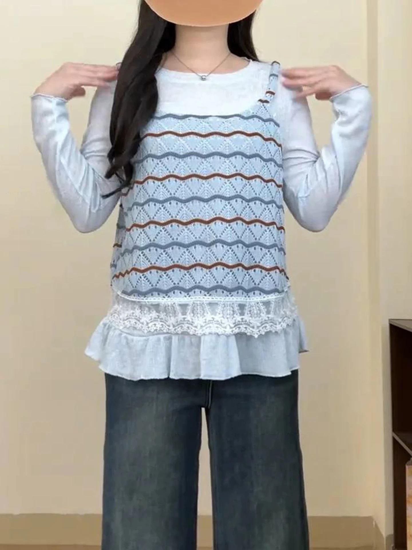 

plus Size Summer New Style Micro Plump MM Meat Conceal Slim Diamond Grid Strap Long Sleeve T-Shirt Two-Piece Set Versatile Si...