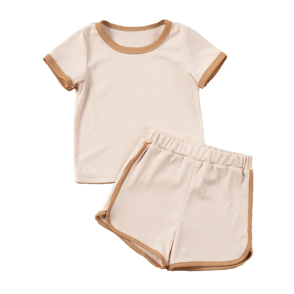 2024 Boys Girls Ribbed Summer Outfit Set Toddler Short Sleeve T-Shirt + Shorts Children 2Pcs Clothes Set Korean 1-6Y