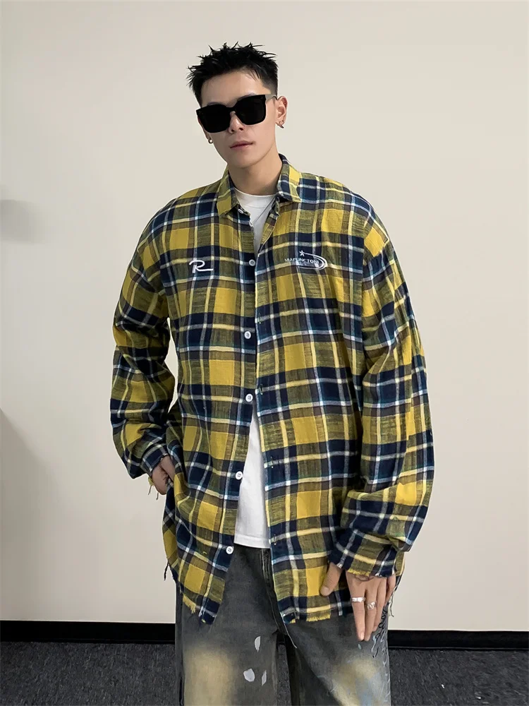 

Retro Contrast Color Plaid Men's irt Casual Loose Fit Couple's Outerwear Street Sle American Leisure Clothing Set