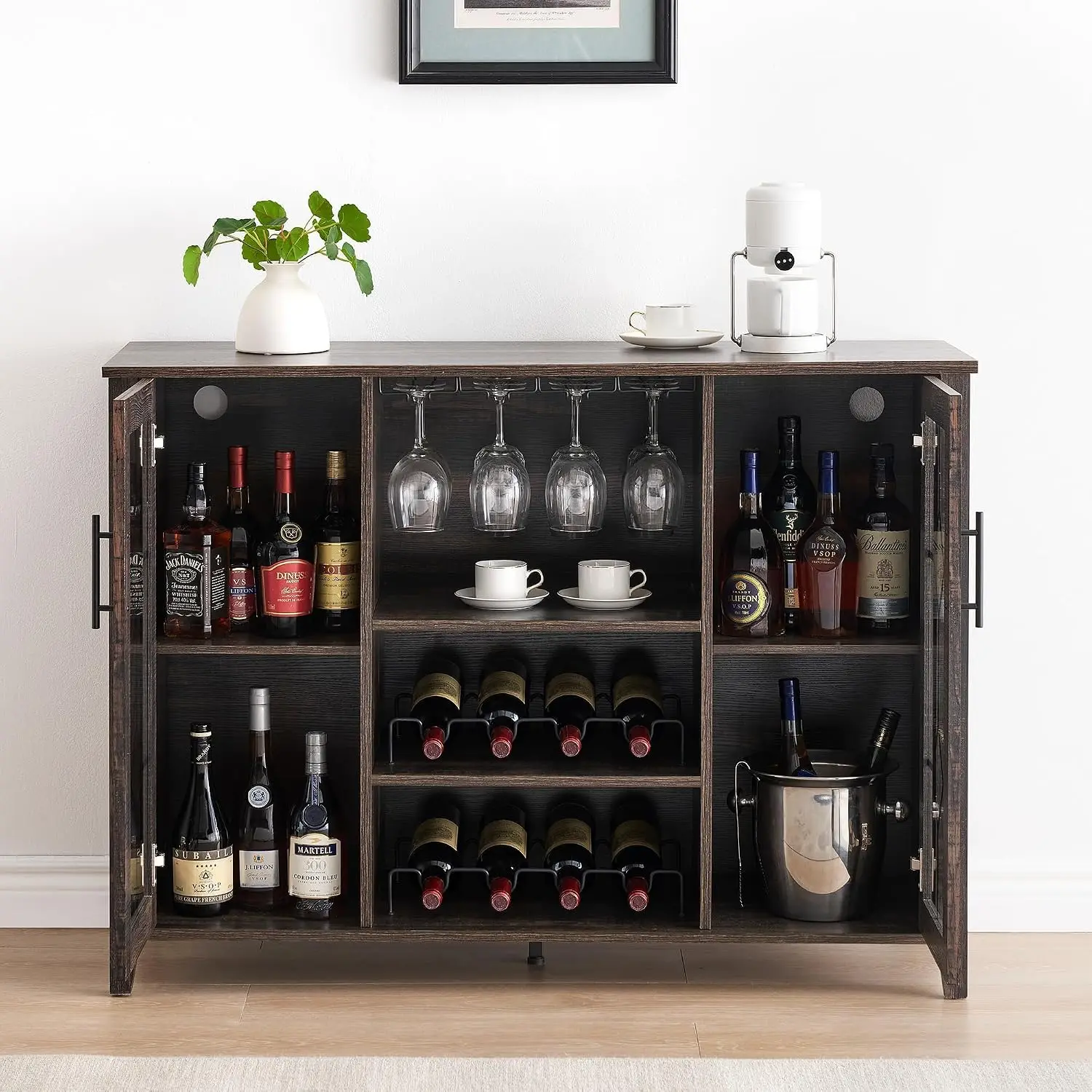 Rustic Oak Wine Bar Cabinet LED Glass Door Wine Rack Adjustable Shelves Storage Coffee Bar Living Room 47.2in, Customized